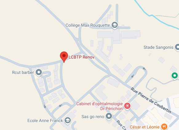 Carte avec LCBTP Renov (pin rouge), Collège Max Rouquette, Rcut barber, École Anne Franck, Cabinet d'ophtalmologie, Stade Sangonis.