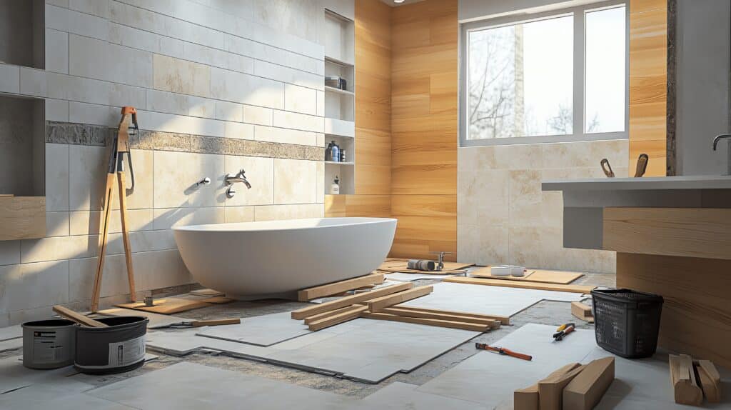 Salle de bain moderne en cours de rénovation. Une baignoire blanche est posée, des carreaux et panneaux de bois sont installés, avec outils de chantier.