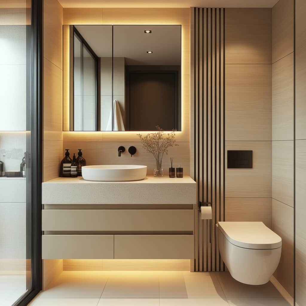 Salle de bain moderne lumineuse beige: meuble-vasque flottant, miroir rétroéclairé, toilettes murales, parois bois clair et détails noirs.