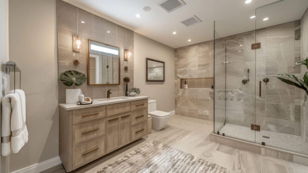 Salle de bain moderne: vanité bois clair, miroir éclairé, robinet bronze, carrelage mural texturé, douche vitrée carrelée gris et sol unique.